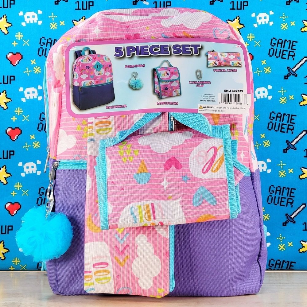 Sutton Hello Good Vibes 16" Pink Backpack & Lunch Bag 5 Piece Set School Bag NWT